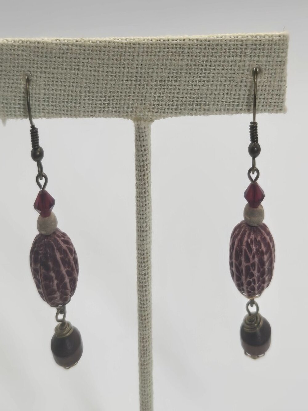 Burgundy Wood and Seed Beaded Dangle Earrings Handmade Boho Style Item E23
